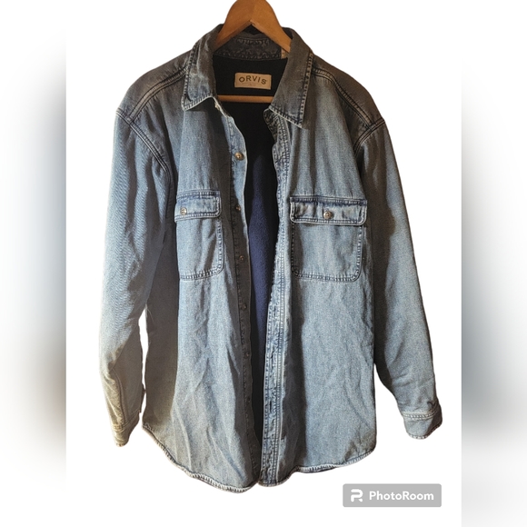 Orvis Denim Jacket Insulated with Navy Fleece Size Medium Winter Coat Outerwear